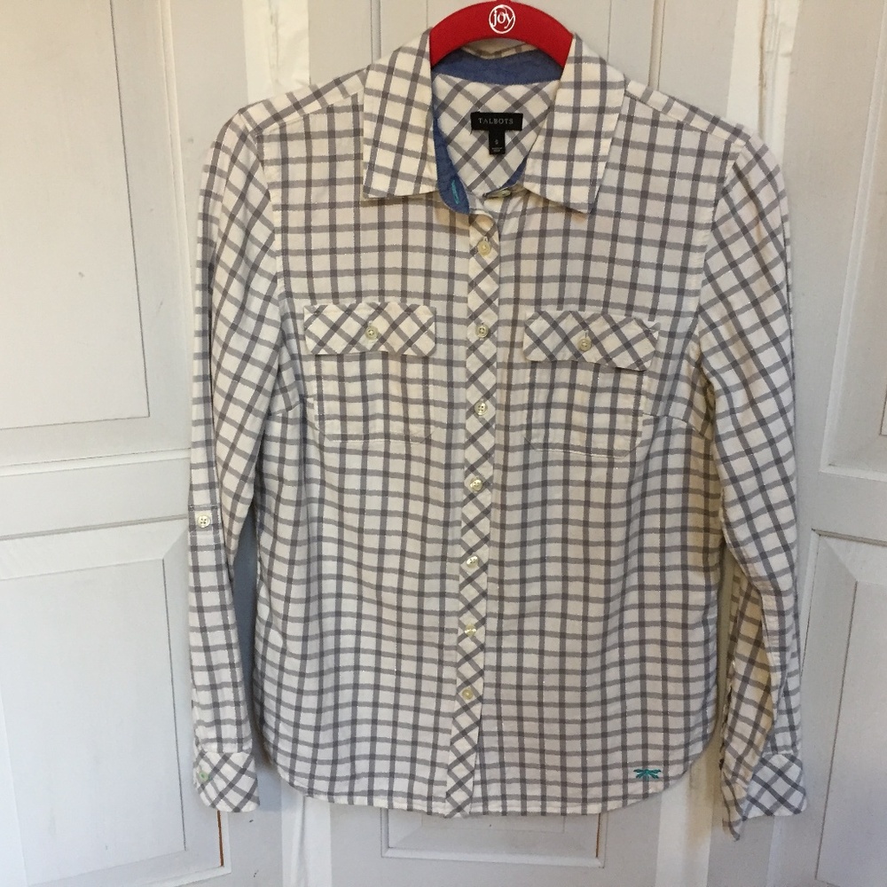Talbots White and Gray Plaid Button Down Shirt w/ Metallic